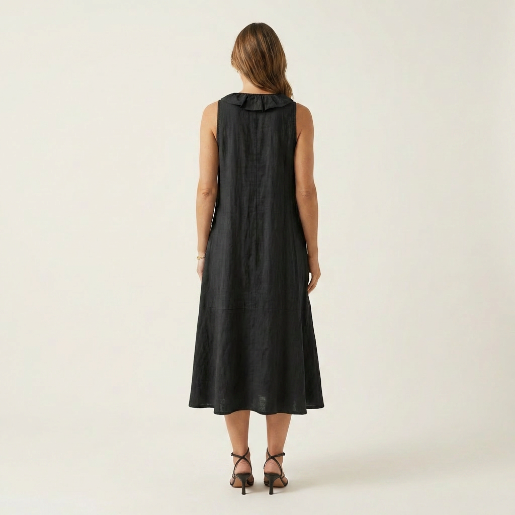 Vicky | Long Linen Sleeveless Dress with V-Neck & Front Ruffle