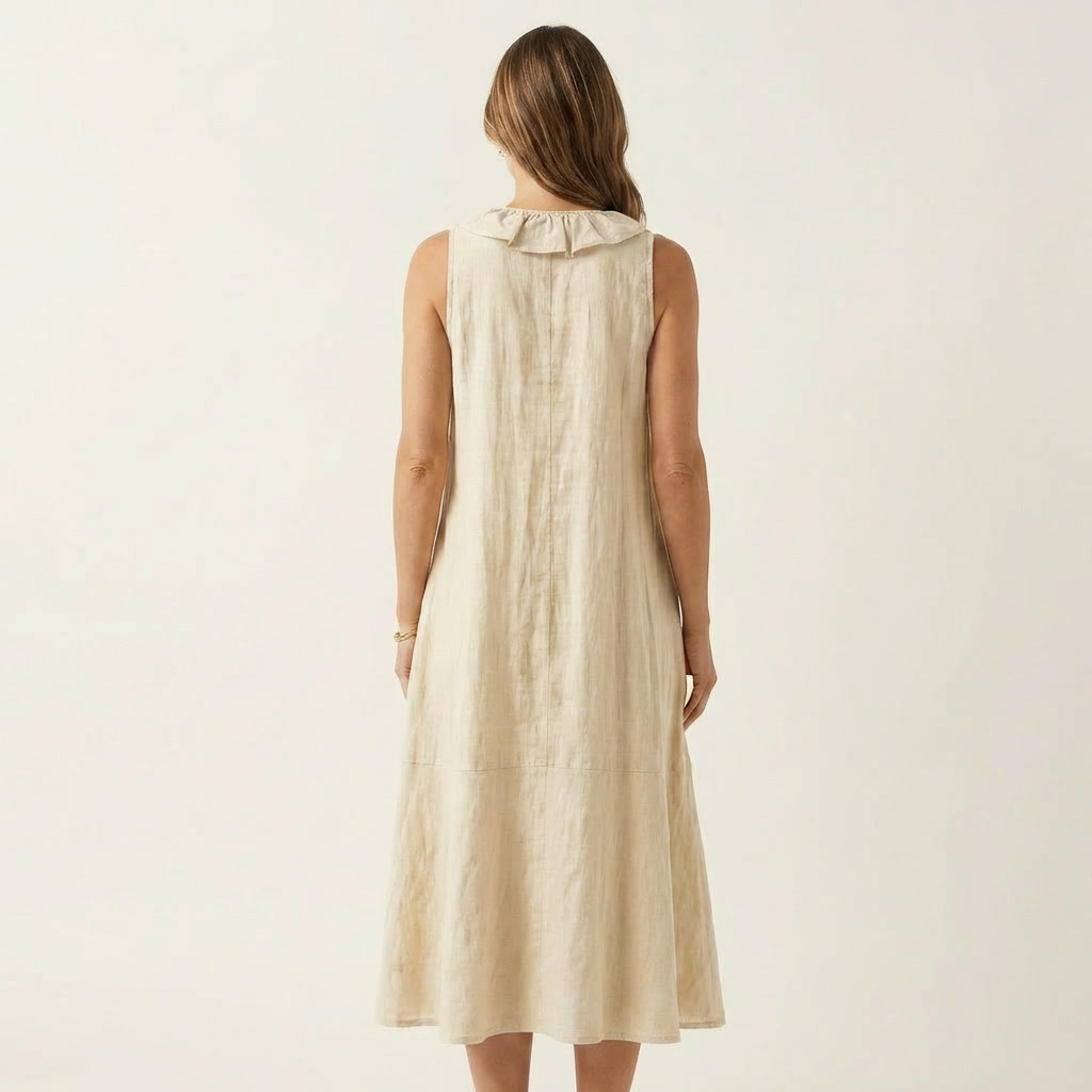 Vicky | Sleeveless long linen dress with V-neck and front ruffle