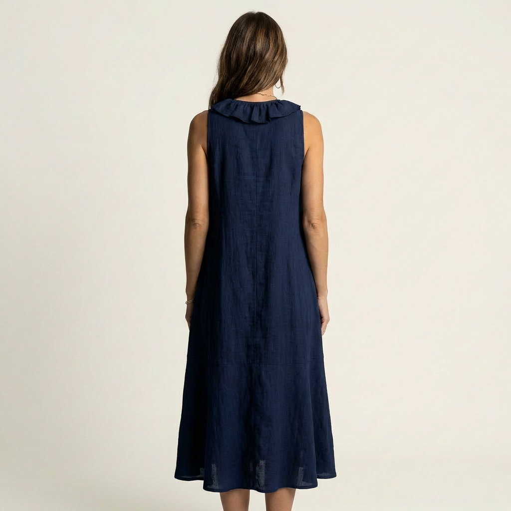 Vicky | Long Linen Sleeveless Dress with V-Neck & Front Ruffle