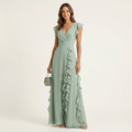 Nellyana | Long Dress with Wrap with V-Neck, Sleeves Ad Aletta & Ruffle with Cascata