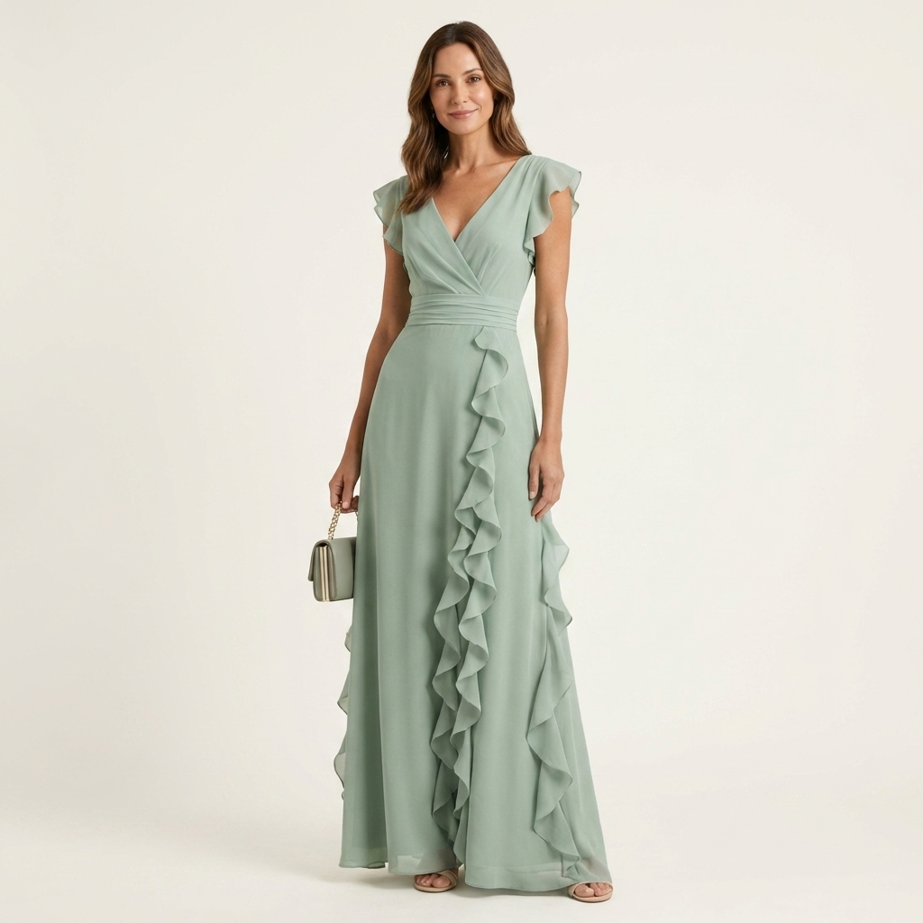 Nellyana | Wrap maxi dress with V-neck, flutter sleeves and cascading ruffles