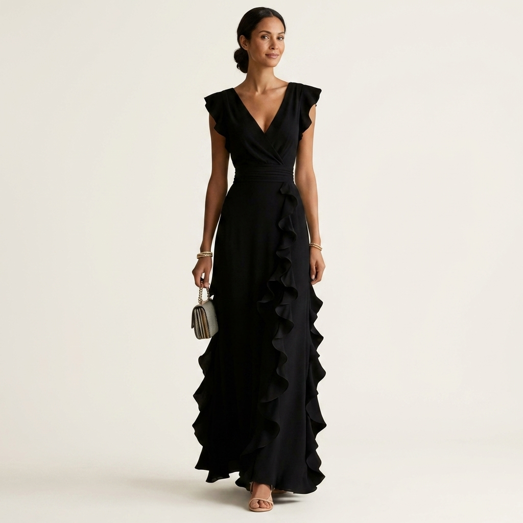 Nellyana | Wrap maxi dress with V-neck, flutter sleeves and cascading ruffles