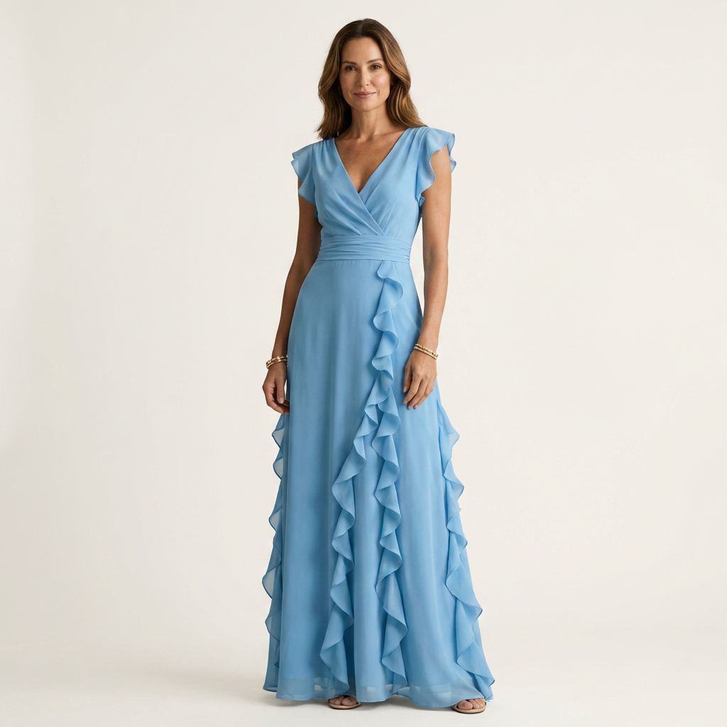 Nellyana | Long Dress with Wrap with V-Neck, Sleeves Ad Aletta & Ruffle with Cascata