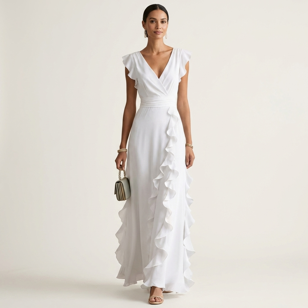 Nellyana | Wrap maxi dress with V-neck, flutter sleeves and cascading ruffles