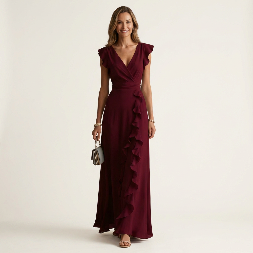 Nellyana | Long Dress with Wrap with V-Neck, Sleeves Ad Aletta & Ruffle with Cascata