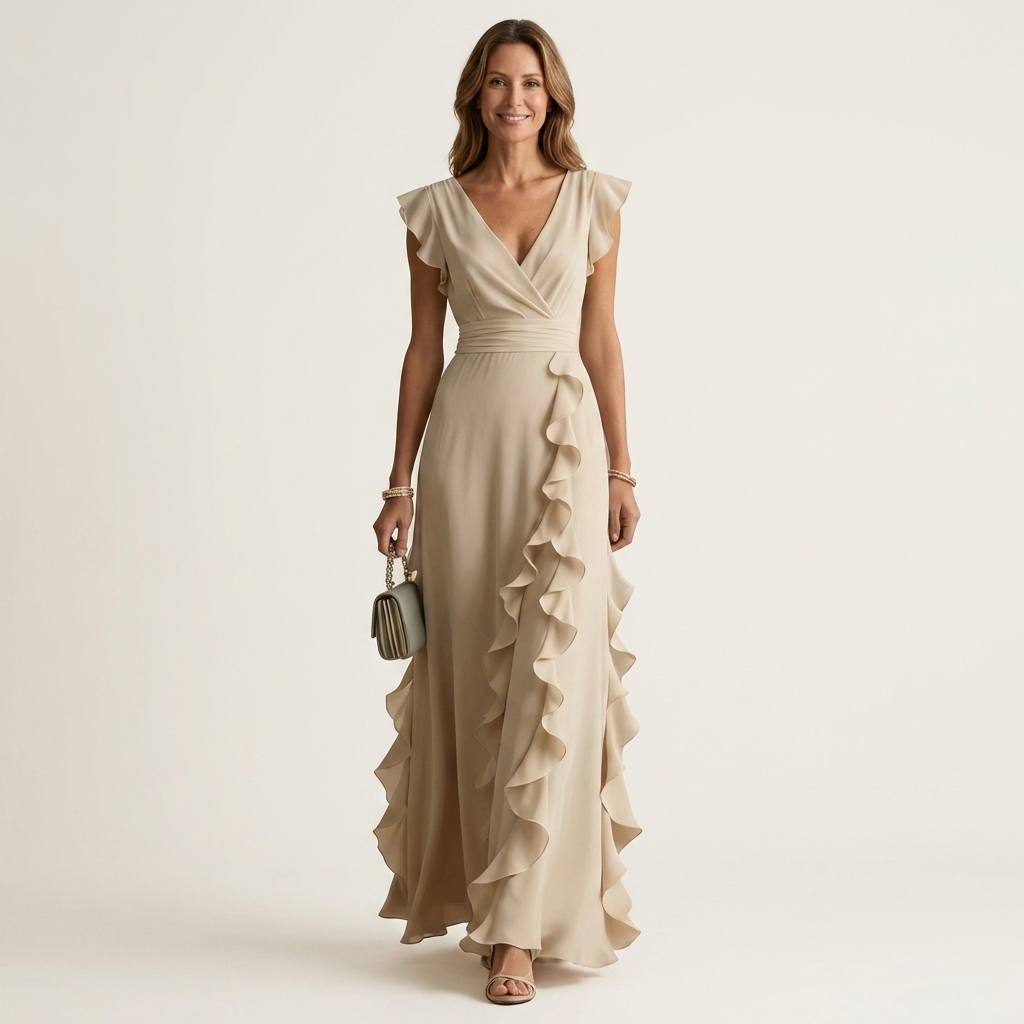 Nellyana | Long Dress with Wrap with V-Neck, Sleeves Ad Aletta & Ruffle with Cascata