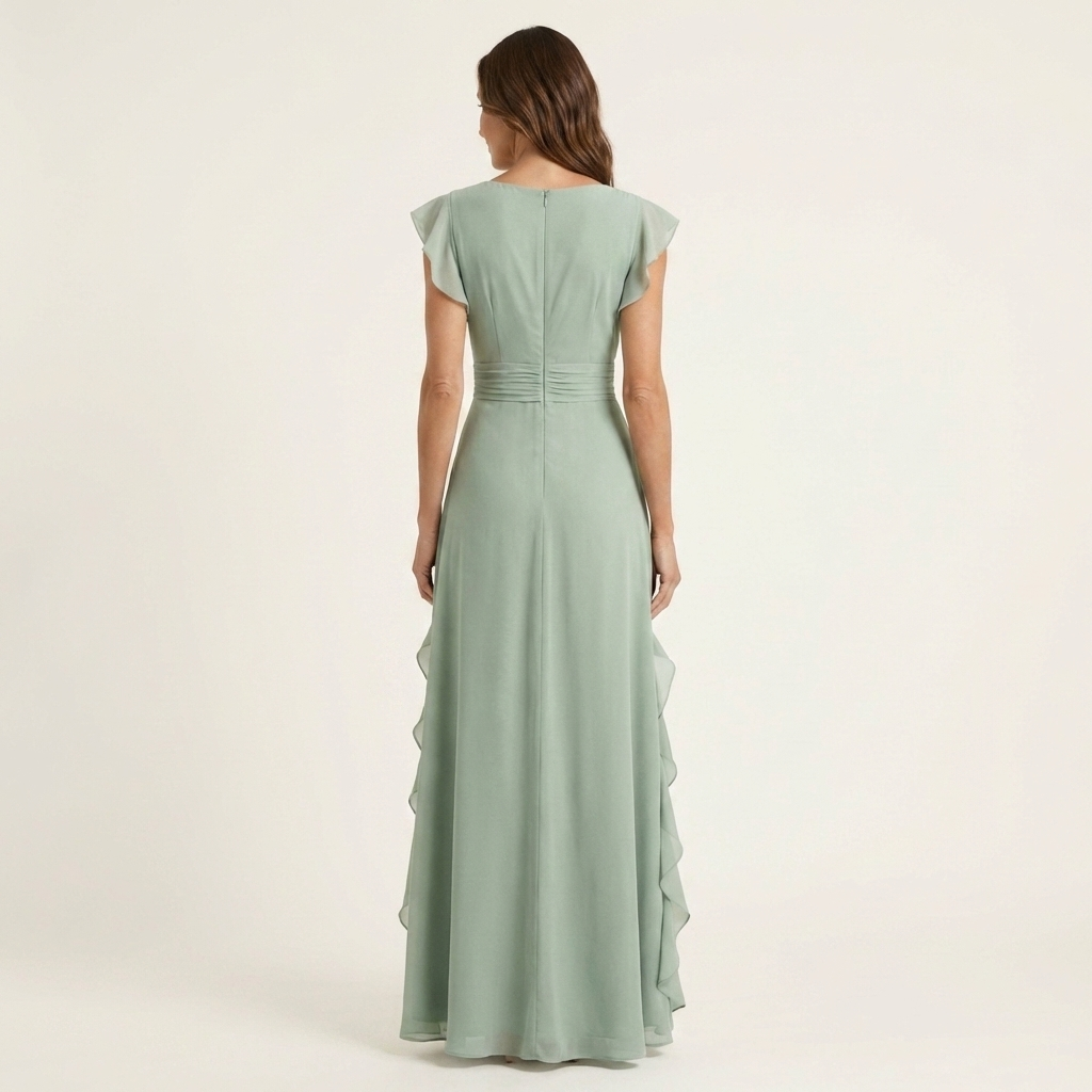 Nellyana | Long Dress with Wrap with V-Neck, Sleeves Ad Aletta & Ruffle with Cascata