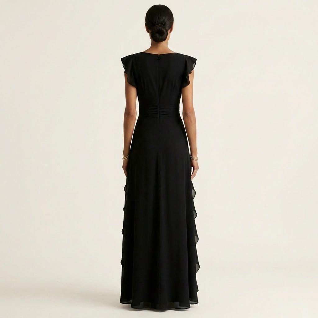 Nellyana | Long Dress with Wrap with V-Neck, Sleeves Ad Aletta & Ruffle with Cascata