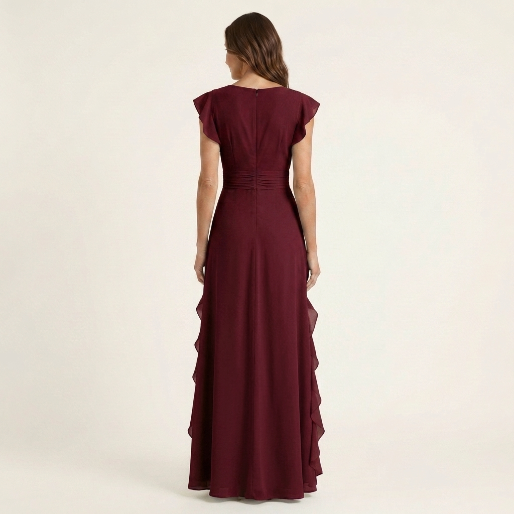 Nellyana | Long Dress with Wrap with V-Neck, Sleeves Ad Aletta & Ruffle with Cascata