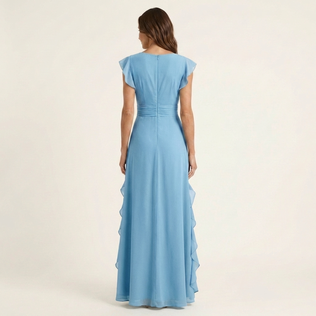 Nellyana | Long Dress with Wrap with V-Neck, Sleeves Ad Aletta & Ruffle with Cascata