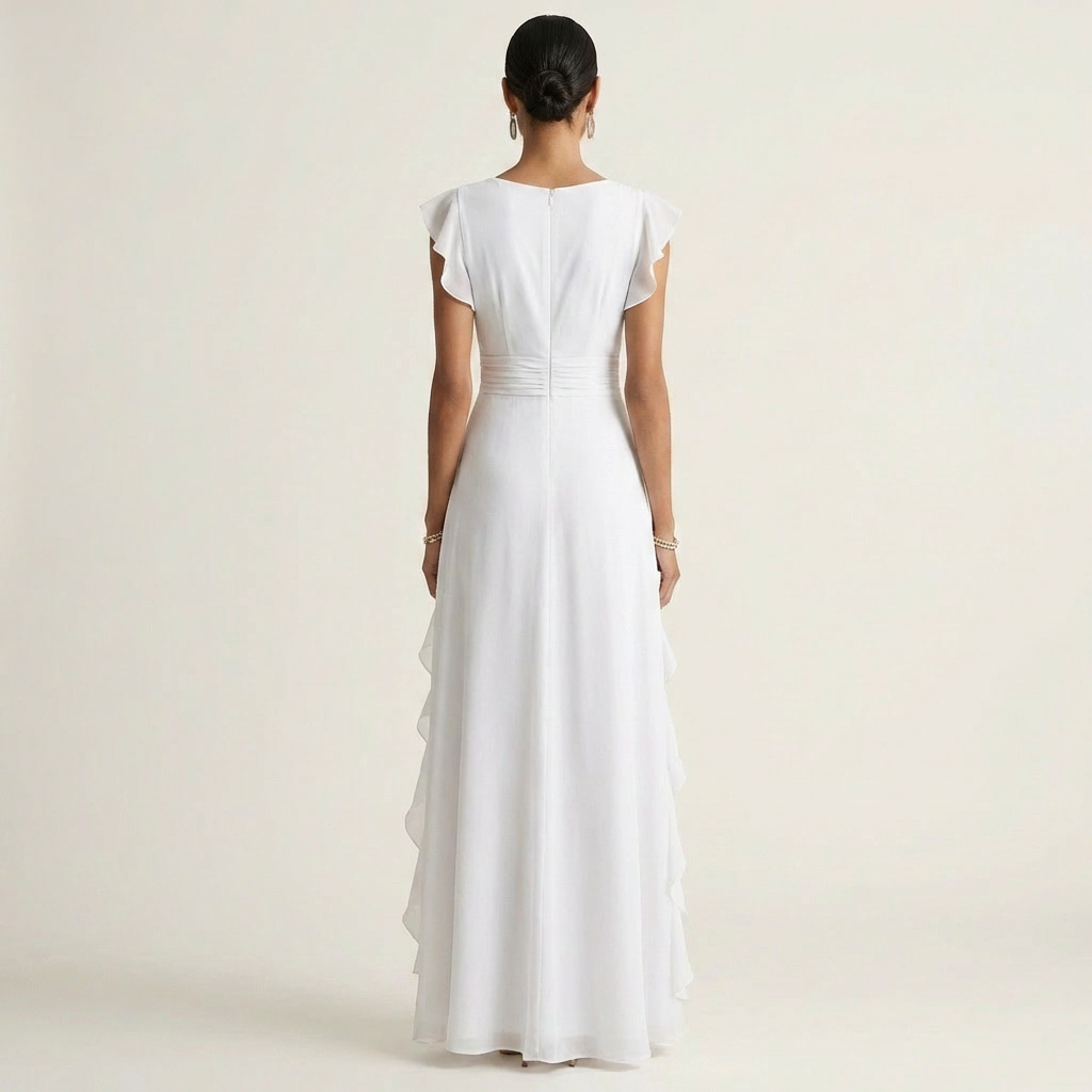Nellyana | Long Dress with Wrap with V-Neck, Sleeves Ad Aletta & Ruffle with Cascata