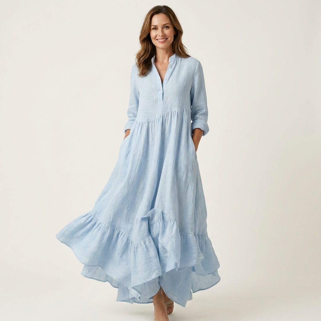 Jilana | Long Dress with Neck to Mandarin Collar, Buttons Frontali & Hem with Ruffle
