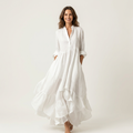 Jilana | Long Dress with Neck to Mandarin Collar, Buttons Frontali & Hem with Ruffle
