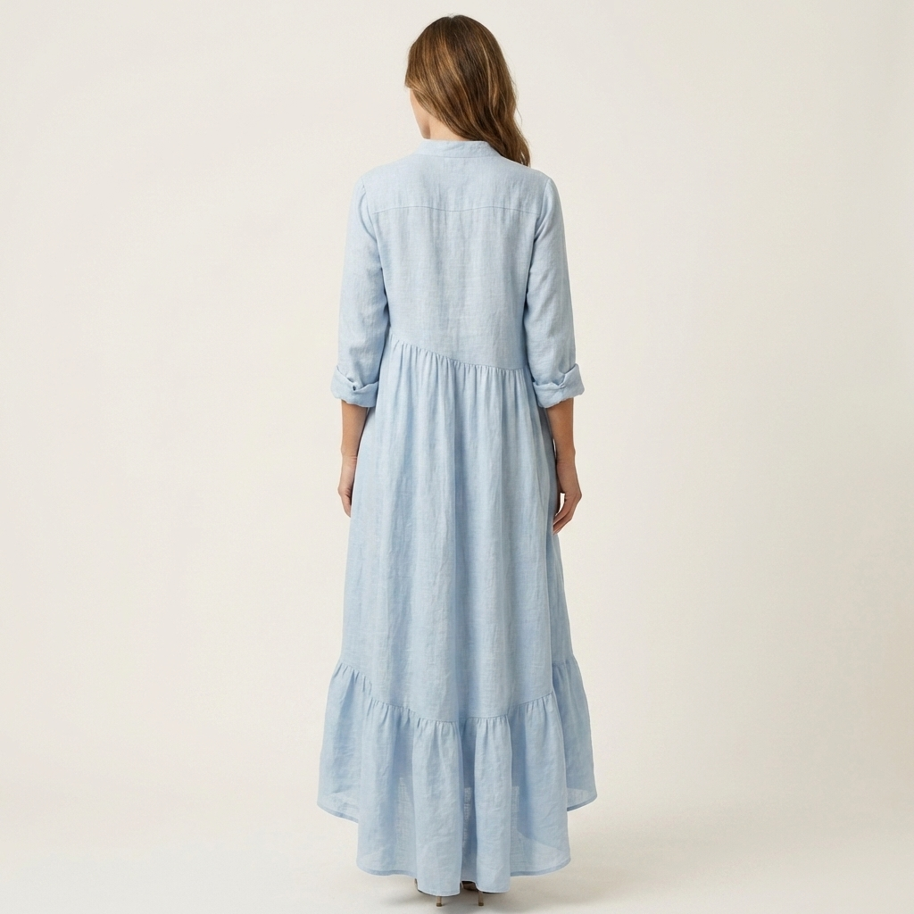 Jilana | Long Dress with Neck to Mandarin Collar, Buttons Frontali & Hem with Ruffle