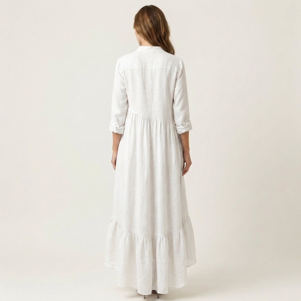 Jilana | Long Dress with Neck to Mandarin Collar, Buttons Frontali & Hem with Ruffle