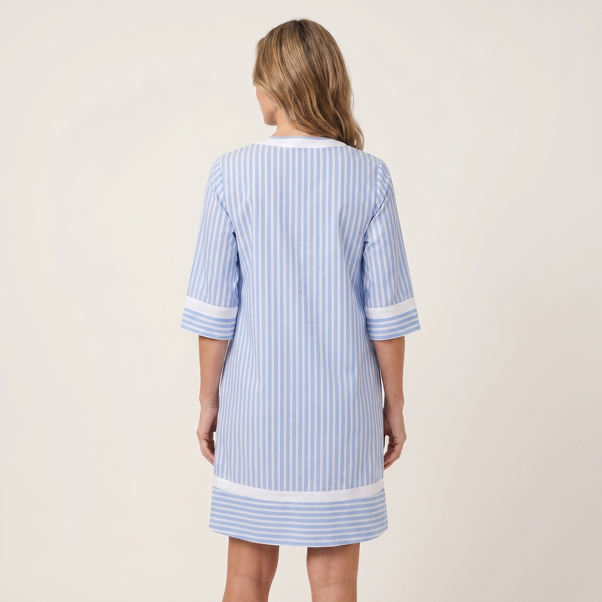 Sanina | Striped cotton straight dress with V-neck and contrast trim