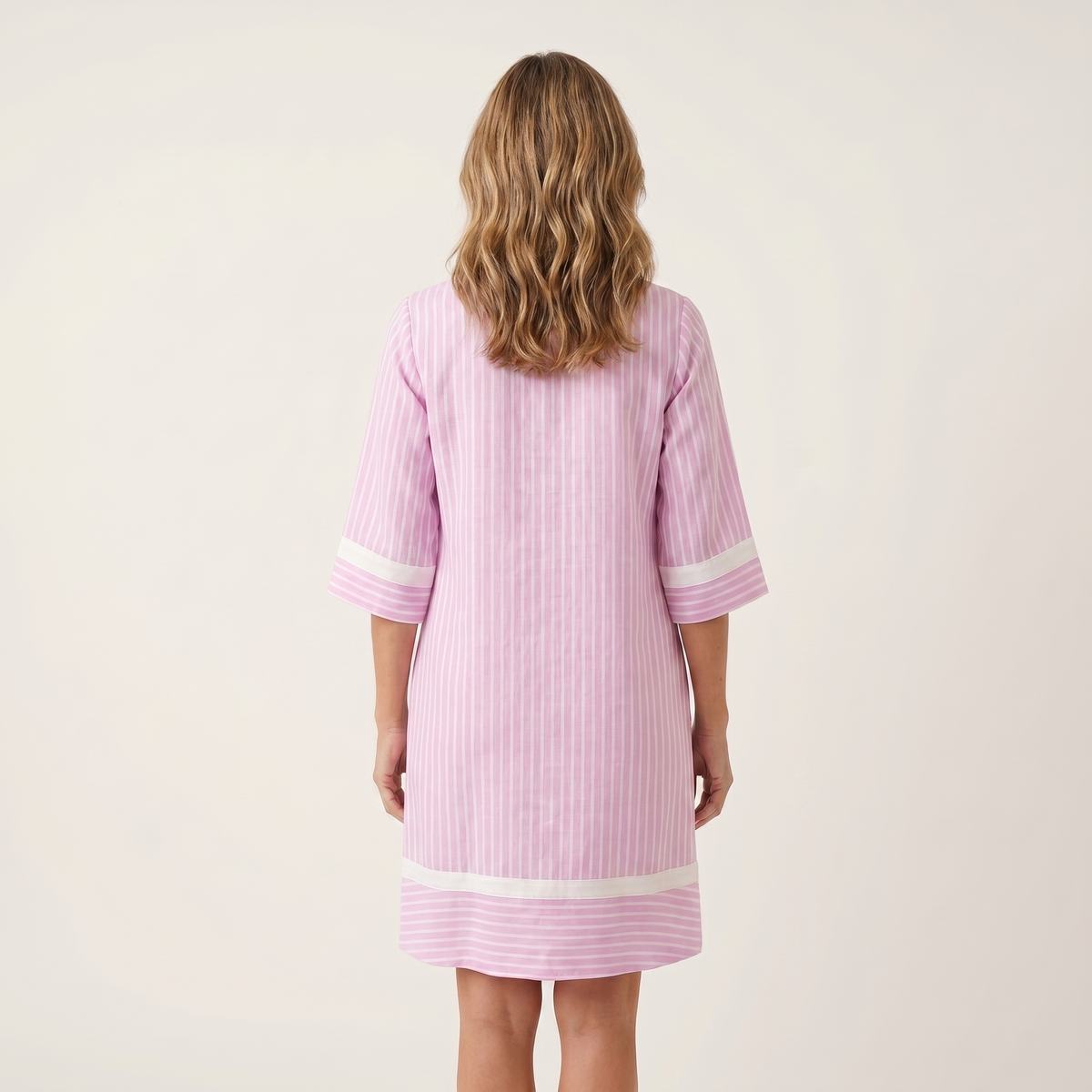 Sanina | Striped cotton straight dress with V-neck and contrast trim