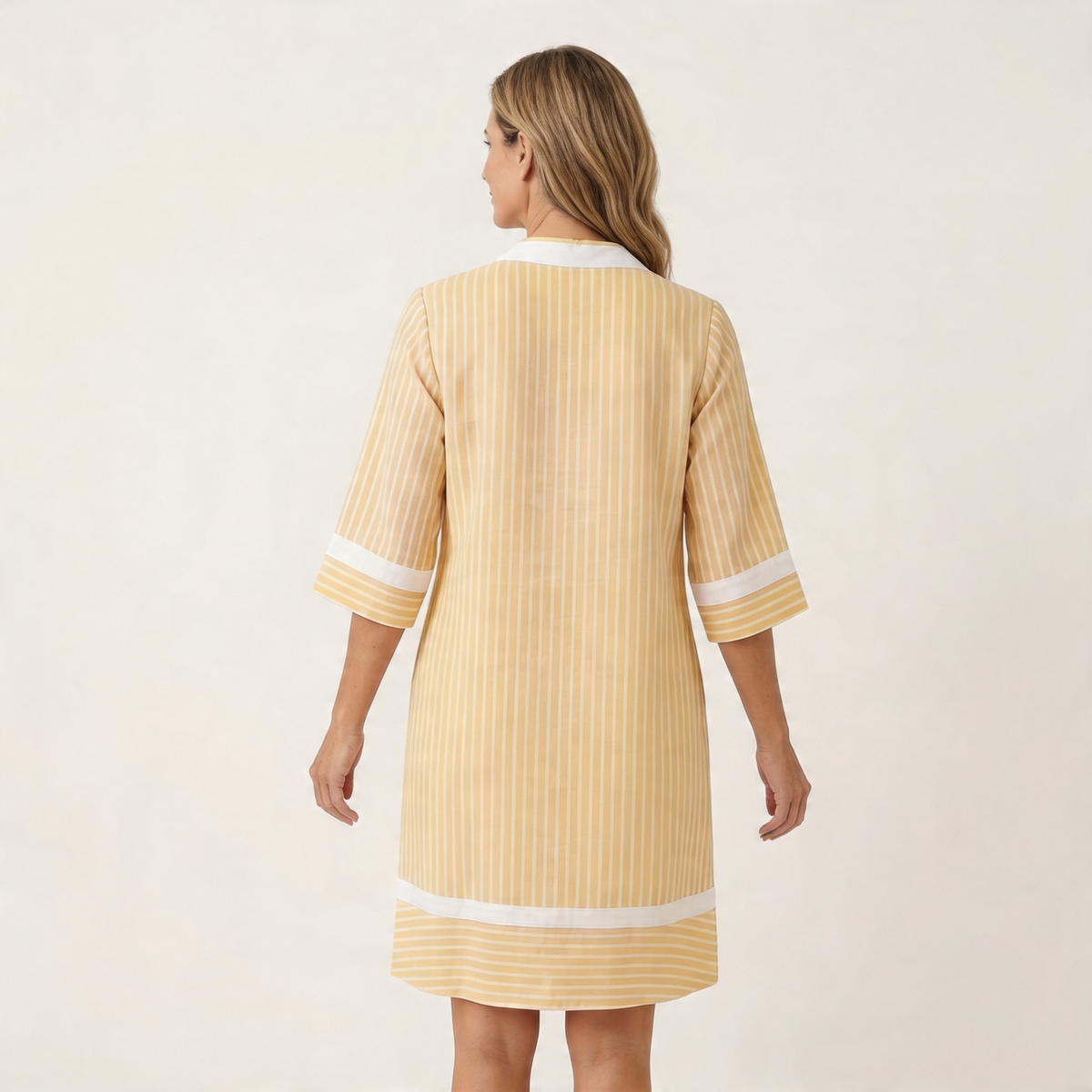 Sanina | Striped cotton straight dress with V-neck and contrast trim