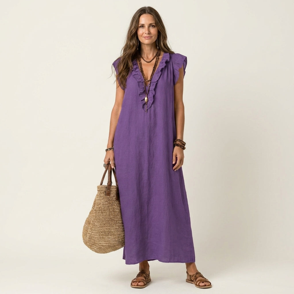 Josette | Maxi Linen Dress with V-Neck & Ruffle