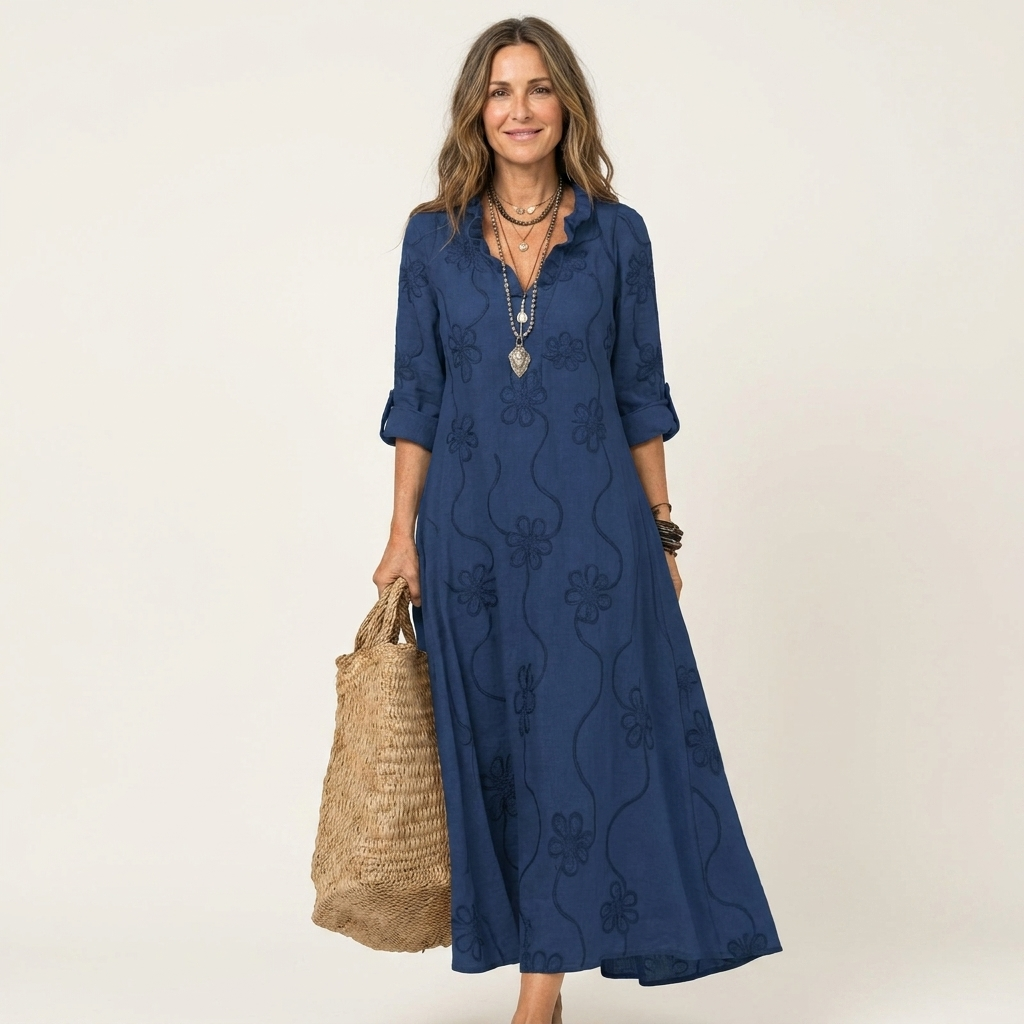 Mariam | Long cotton and linen dress with tone-on-tone floral embroidery