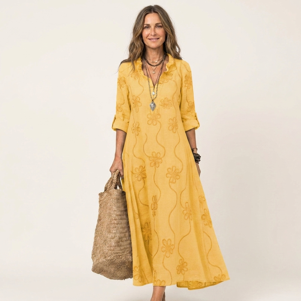 Mariam | Long cotton and linen dress with tone-on-tone floral embroidery
