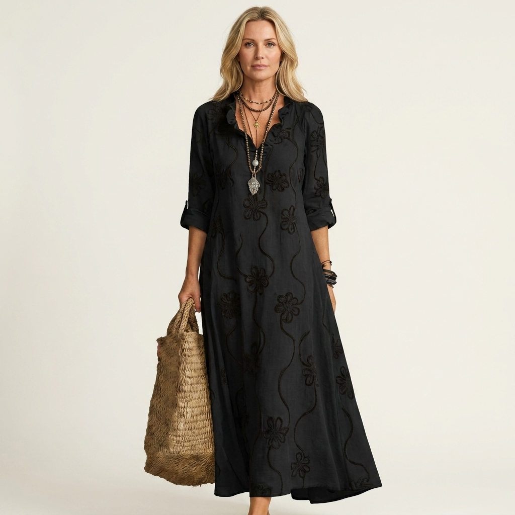 Mariam | Long cotton and linen dress with tone-on-tone floral embroidery