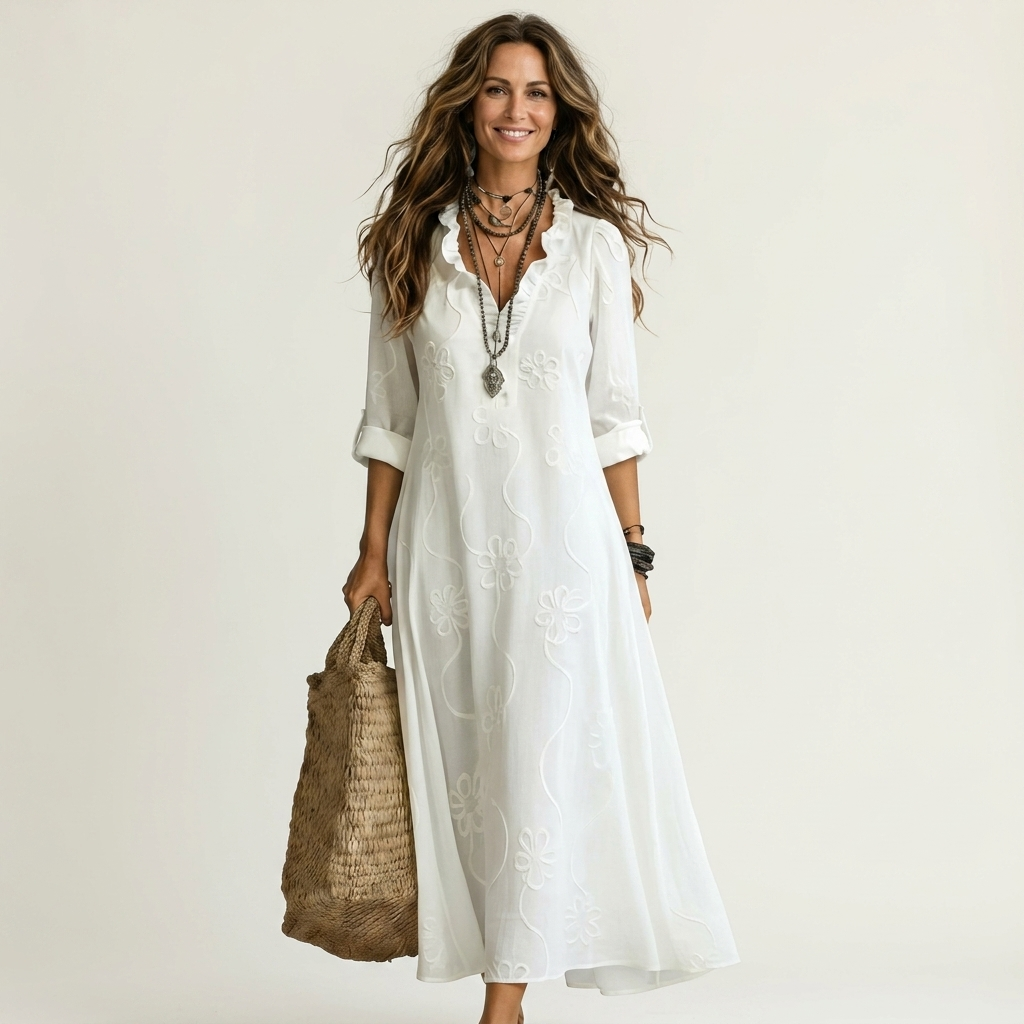 Mariam | Long cotton and linen dress with tone-on-tone floral embroidery