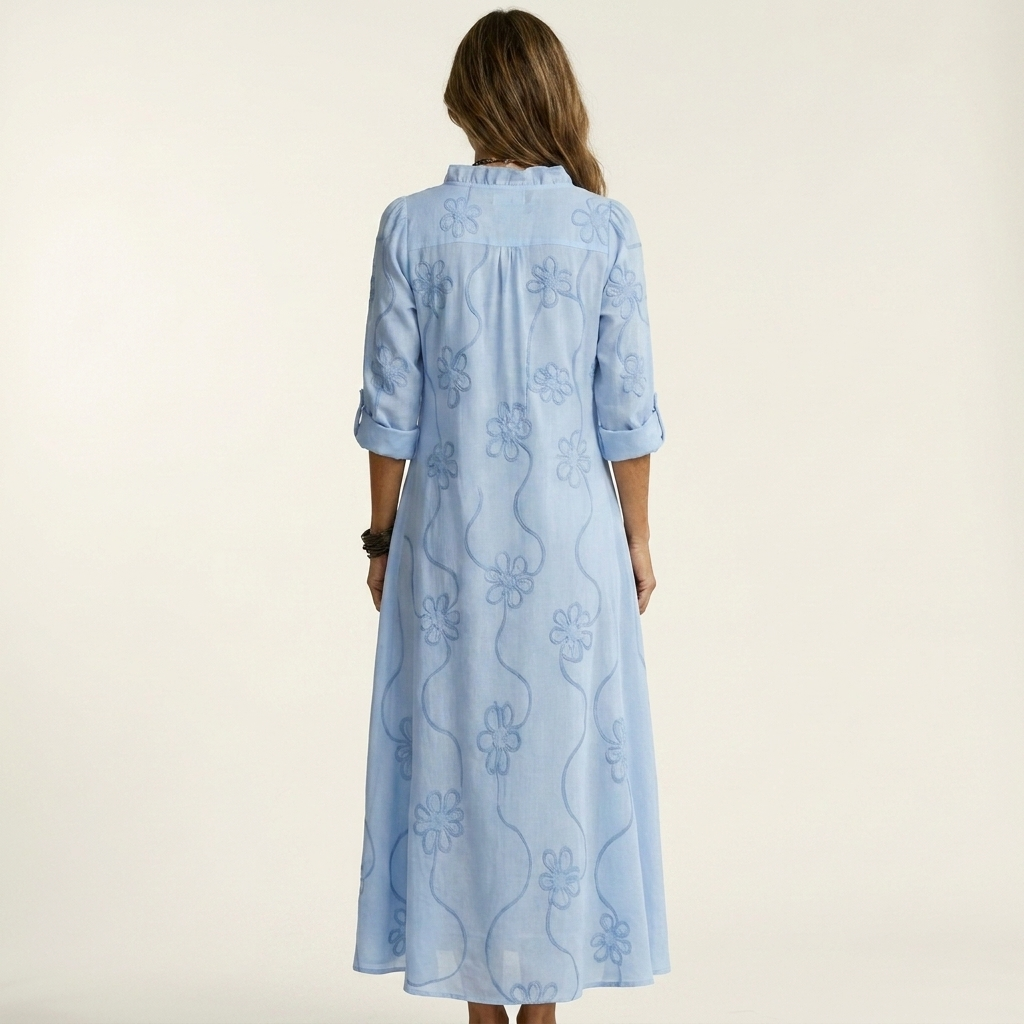Mariam | Long Cotton Dress & Linen with Embroidery Floral Tono Su Tono