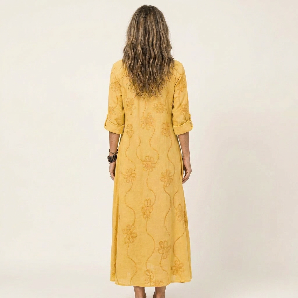 Mariam | Long Cotton Dress & Linen with Embroidery Floral Tono Su Tono