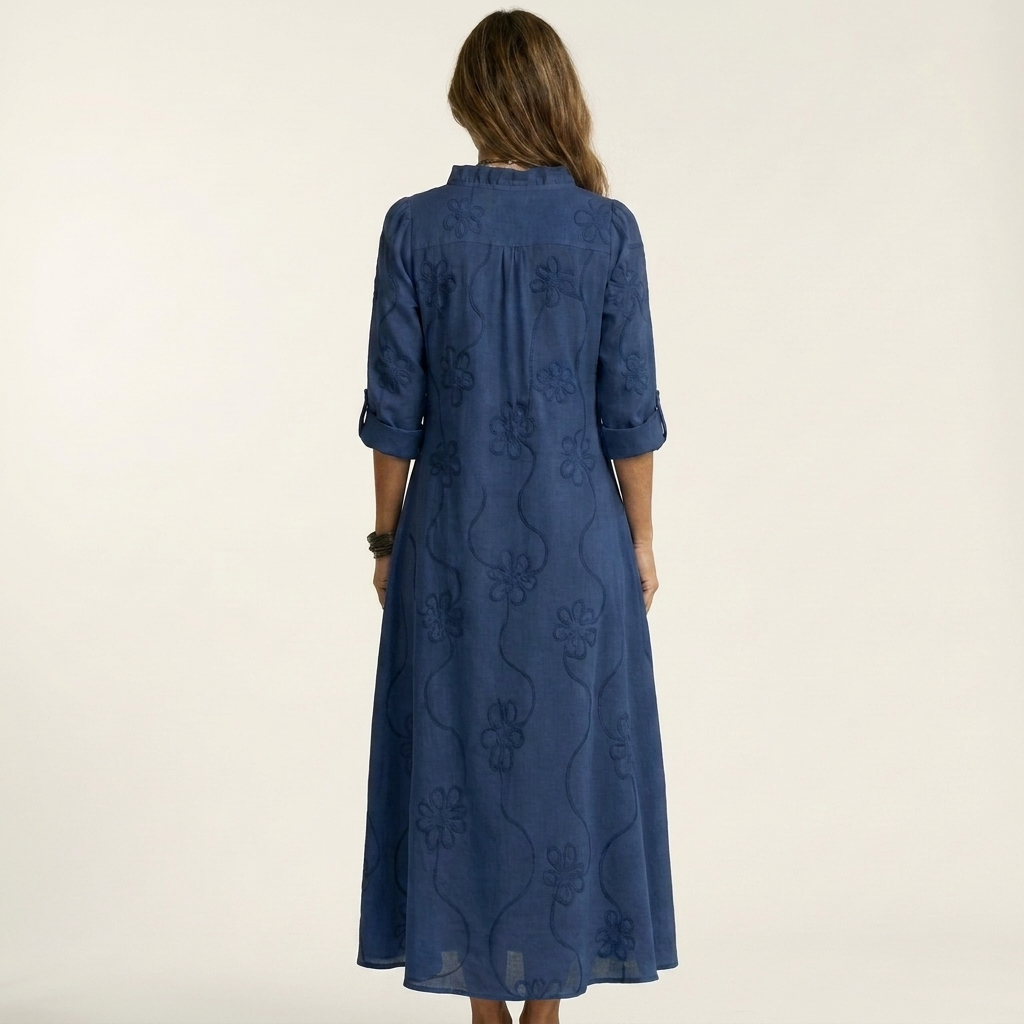 Mariam | Long Cotton Dress & Linen with Embroidery Floral Tono Su Tono