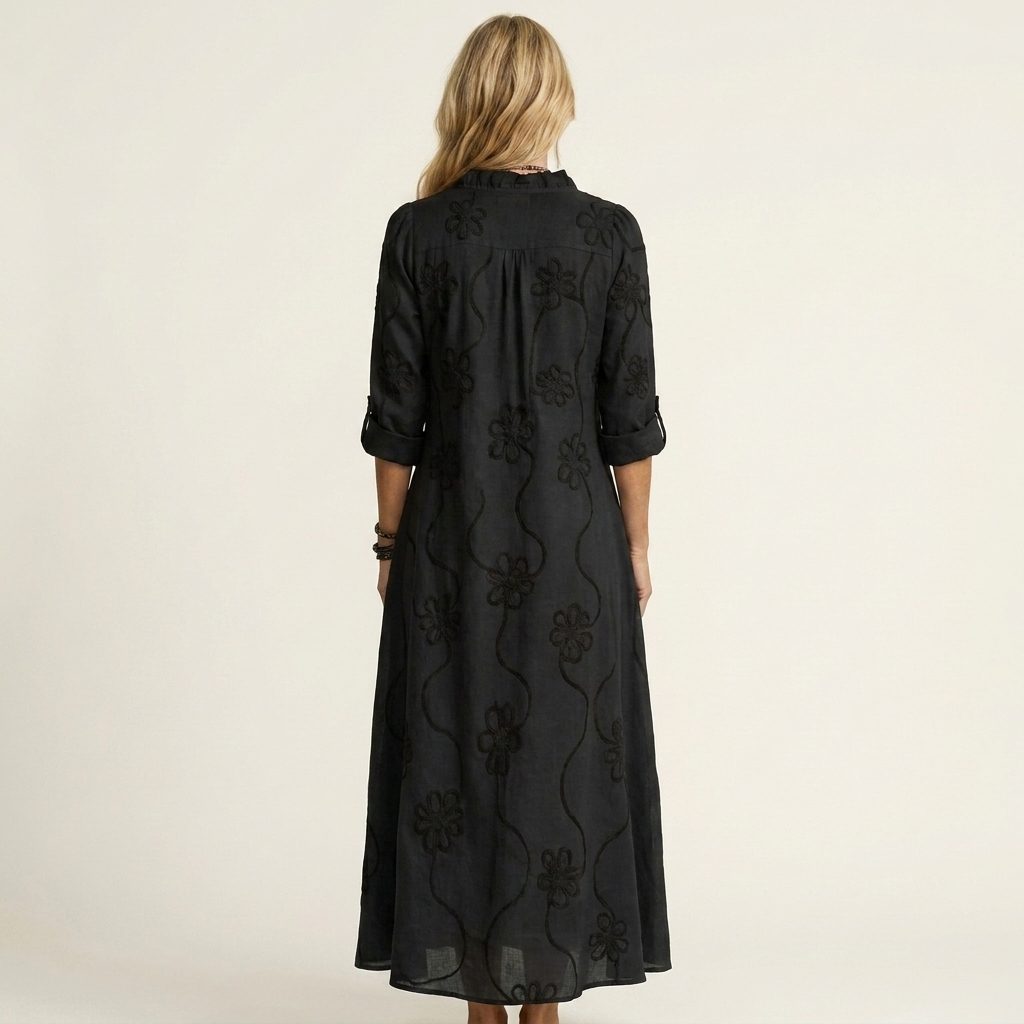 Mariam | Long Cotton Dress & Linen with Embroidery Floral Tono Su Tono