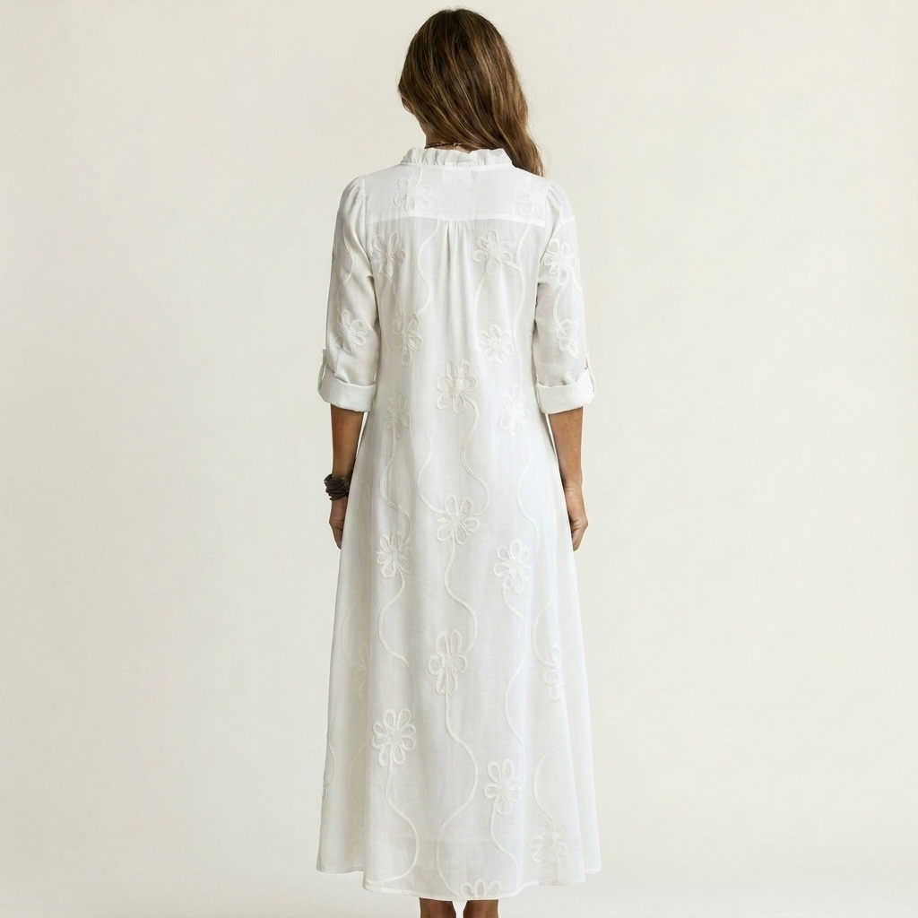 Mariam | Long Cotton Dress & Linen with Embroidery Floral Tono Su Tono