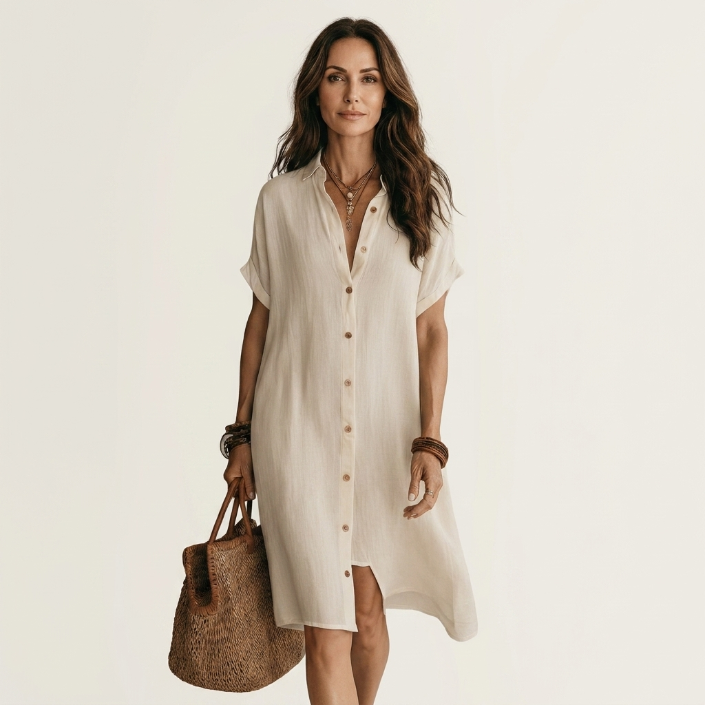 Nidalie | Midi Shirt Dress in Cotton-Linen with Rolled Cuffs