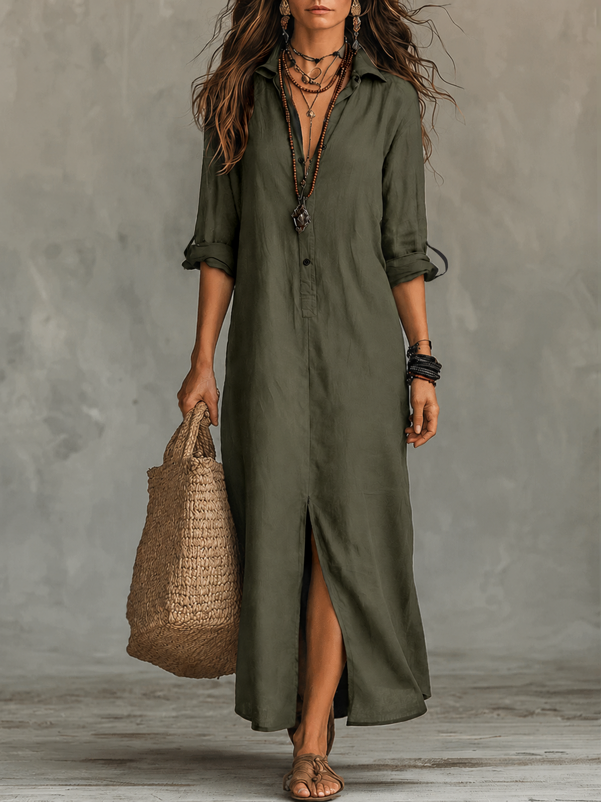 Black Boho Long Shirt Dress with Buttons