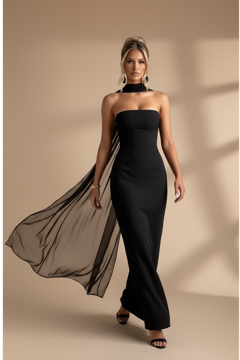 Maxi Strapless Dress with Drape Flowy Black