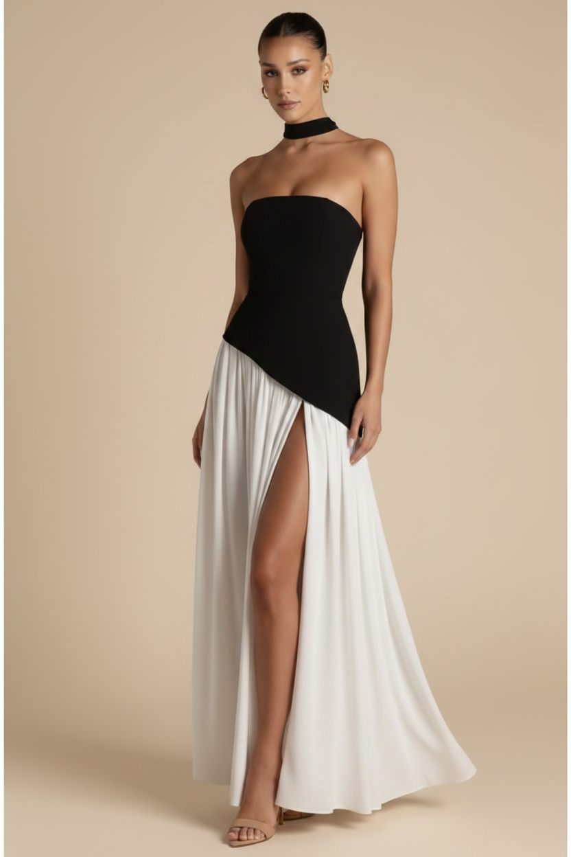 Valeria – Maxi Strapless Slit Elegant Black Dress & White