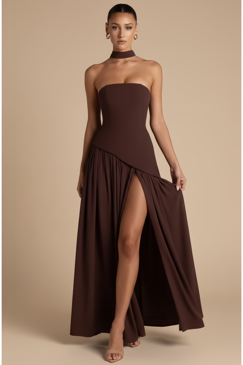 Valeria – Maxi Strapless Slit Elegant Brown Dress