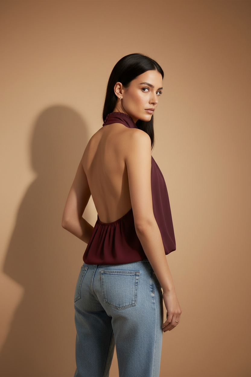 Halter Flowy Elara Top – Burgundy