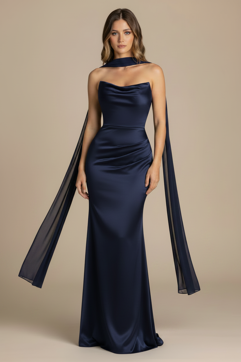 Serena – Maxi Strapless Effect Silhouette Navy Dress