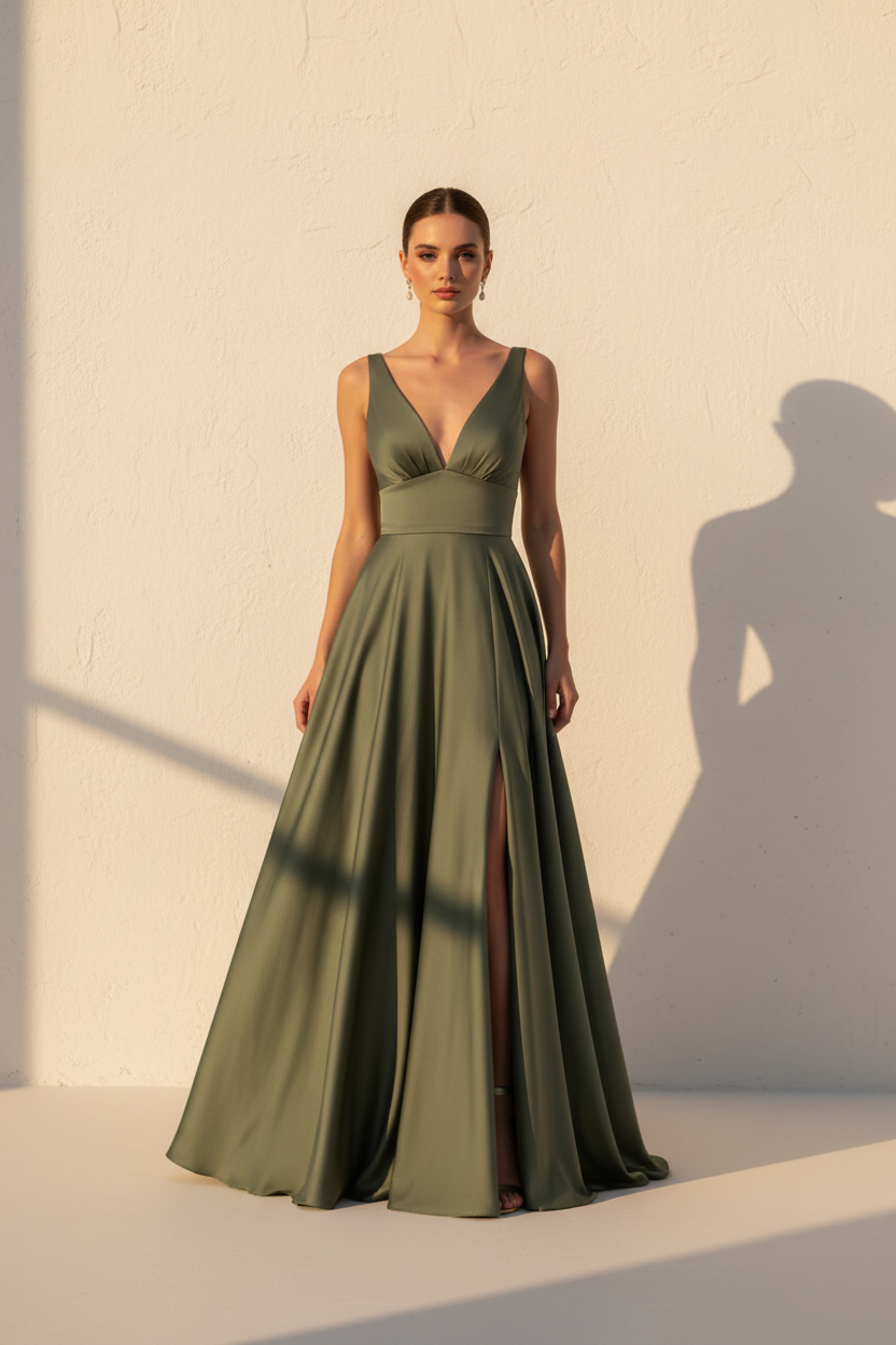 Aurelia – Long Flowy Effect Silhouette Olive Green Dress