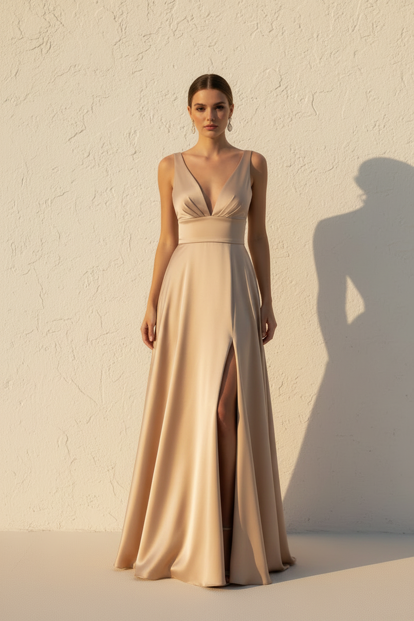 Aurelia – Long Flowy Effect Silhouette Champagne Dress