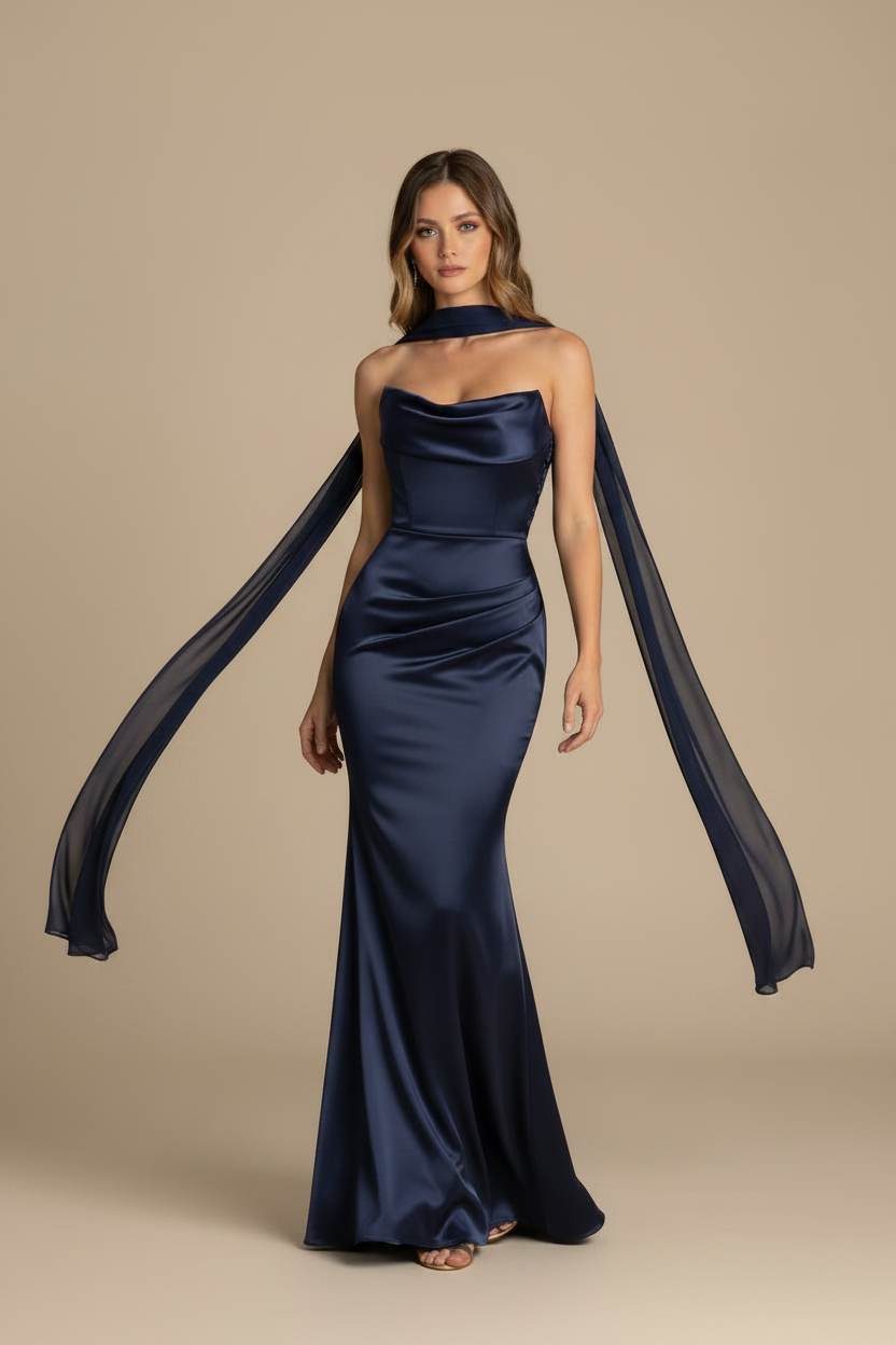 Serena – Maxi Strapless Effect Silhouette Navy Dress