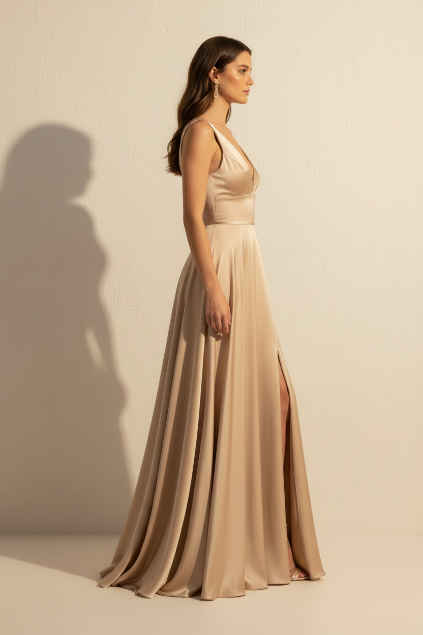 Aurelia – Long Flowy Effect Silhouette Champagne Dress