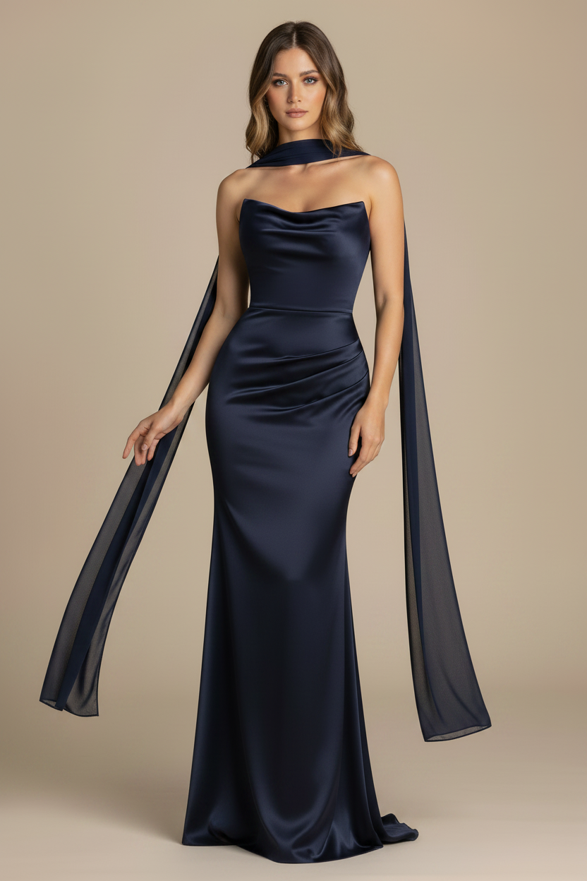Serena – Maxi Strapless Effect Silhouette Navy Dress