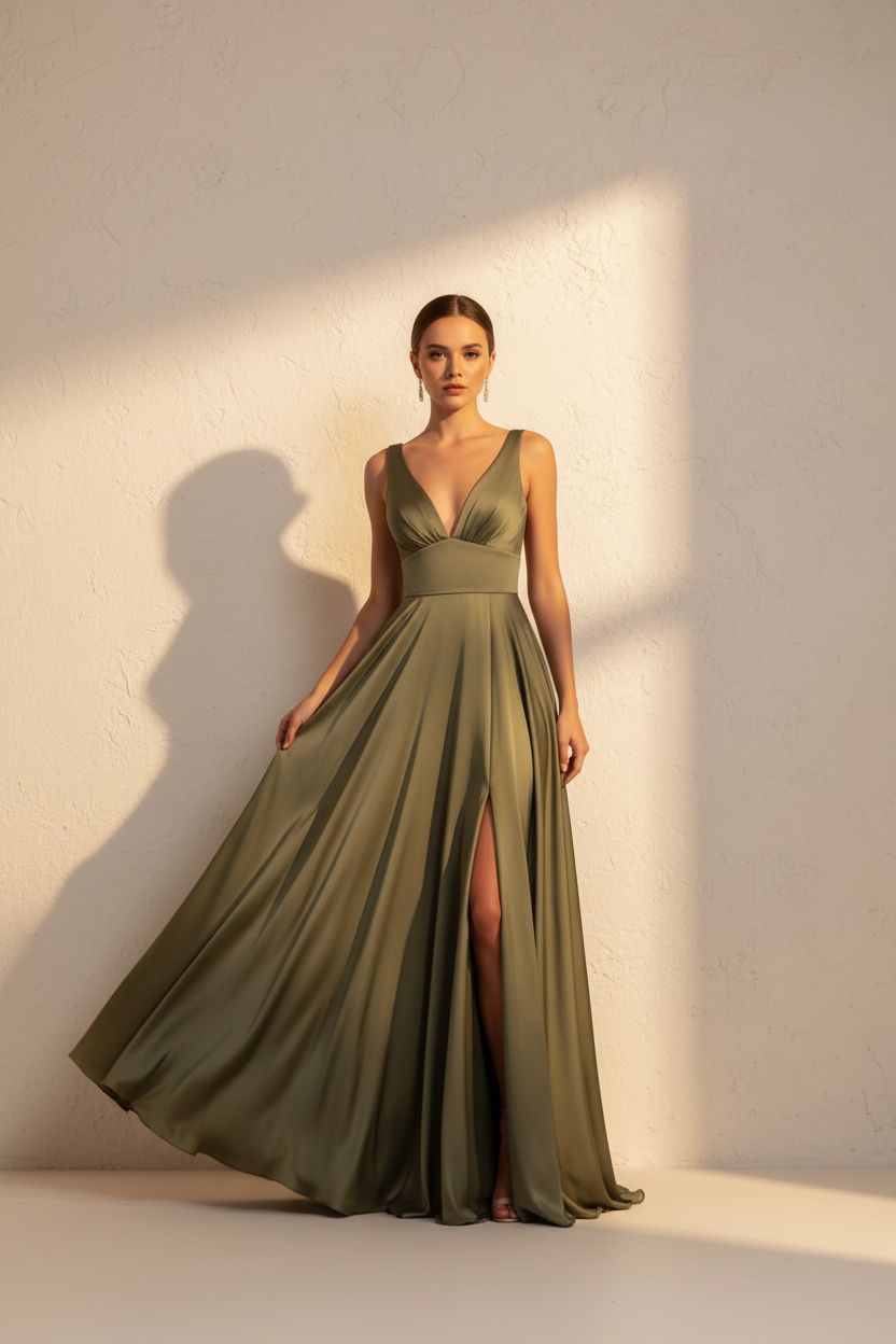 Aurelia – Long Flowy Effect Silhouette Olive Green Dress