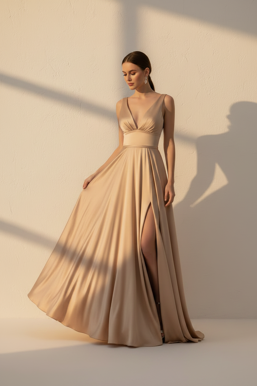 Aurelia – Long Flowy Effect Silhouette Champagne Dress
