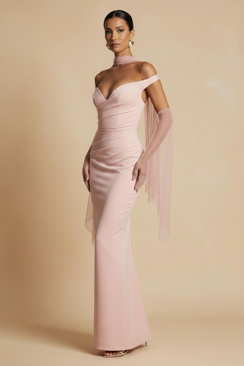 Selene – Maxi Off Shoulder Effect Silhouette Pink Dress