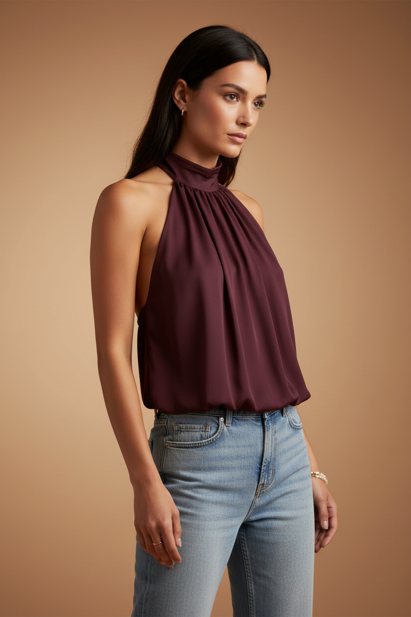 Halter Flowy Elara Top – Burgundy