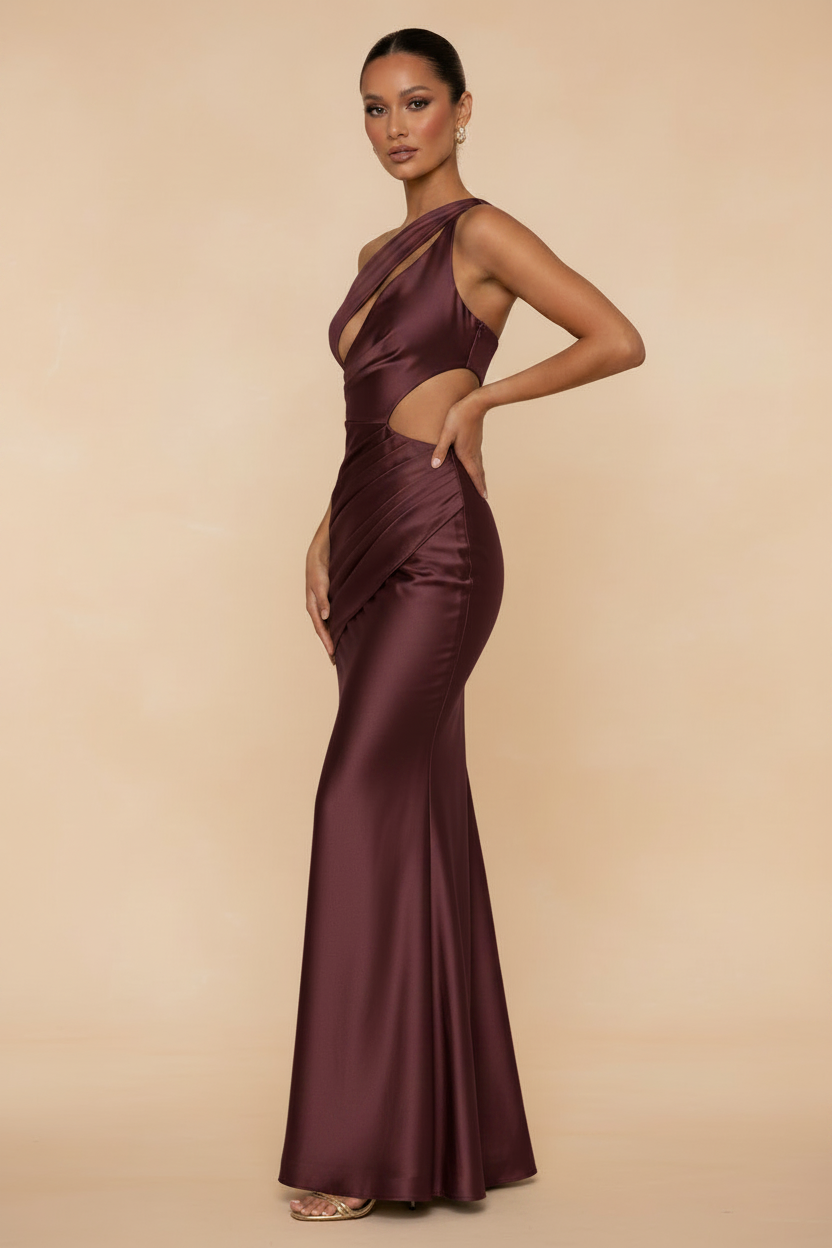 Aveline | Asymmetric One-Shoulder Satin Maxi Dress in Burgundy