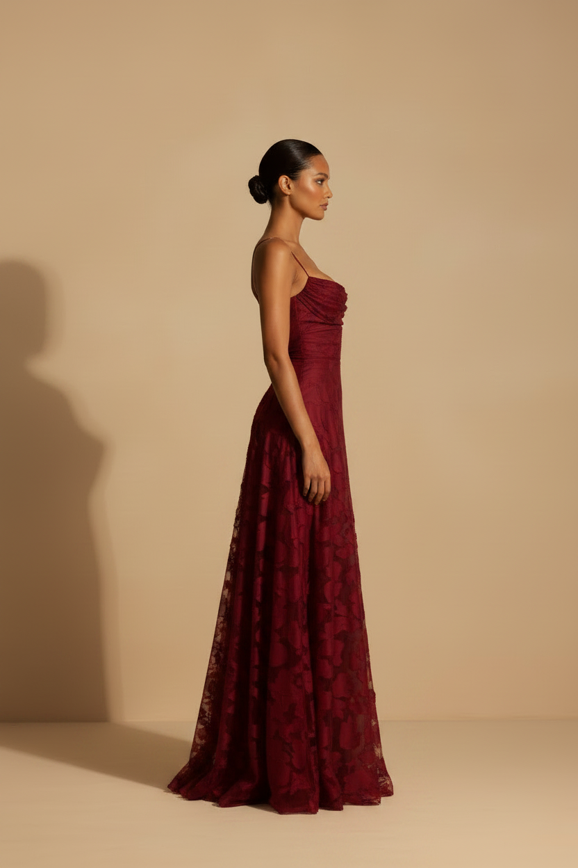 Francesca – Long Lace Fit Elegant Burgundy Dress